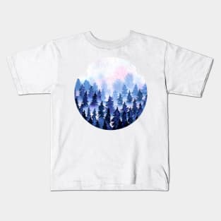 Dark Blue Spurce Snow Forest Bay Kids T-Shirt